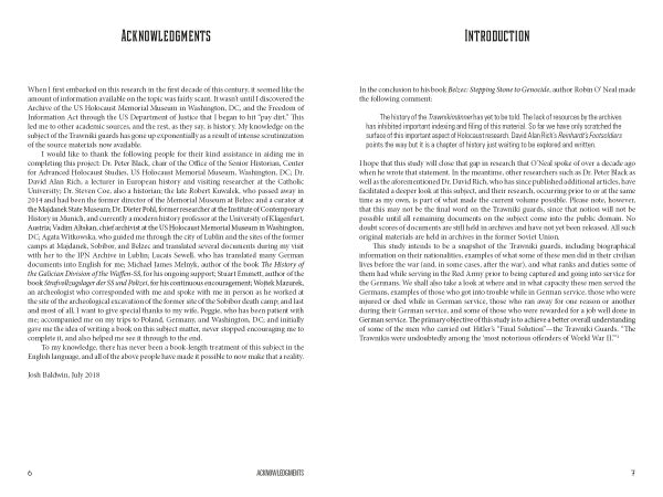 A book spread from "Trawniki Guards" by Schiffer Publishing, Ltd. shows Acknowledgments on the left and Introduction on the right in black text on white, with centered headings discussing themes like the Holocaust and the Final Solution.