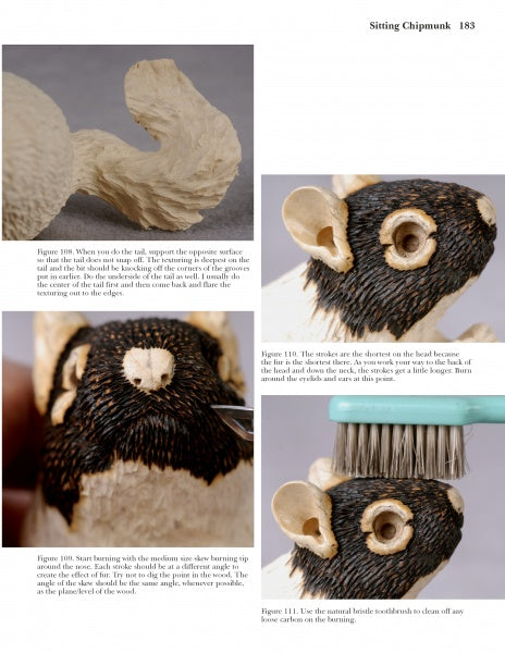 Carving Animals -- Bunnies and Chipmunks by Schiffer Publishing, Ltd. features step-by-step guides with close-up photos for wood burning details on chipmunks, plus tips for creating fur textures—ideal for animal carving projects.