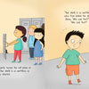 In a school hallway, Geraldine from Schiffer Publishing’s "Geraldine and the Anti-Bullying Shield" holds a silver shield as a surprised boy and two girls watch, reflecting creative thinking from the children’s storybook.