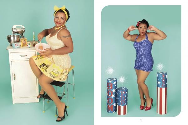 Two images: On the left, a woman in a vintage yellow dress mixes ingredients for Schiffer Publishing, Ltd.'s Chocolate Cheesecake 2. On the right, she poses in a retro blue swimsuit with red heels by decorative fireworks.