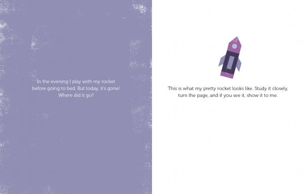 An open book from Schiffer Publishing’s "Where Is My Car?" shows white text on a purple background on the left page, and a pink and purple toy rocket illustration on the right to encourage observation and memory skills.