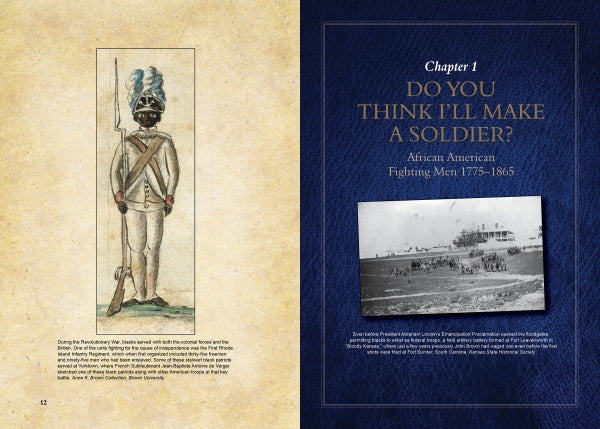 Left page: Illustration of a Buffalo Soldier in uniform with rifle. Right page: "Fighting for Uncle Sam" chapter title, black-and-white photo of African American soldiers; blue textured background. Published by Schiffer Publishing, Ltd.