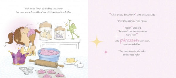 A young girl with brown pigtails licks pink frosting off a spoon in a kitchen full of cookie dough, as a green frog sits nearby. The right page features text from "I Am Not a Princess!" by Schiffer Publishing, Ltd.