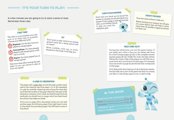 A page from Escape Game Adventure: The Mad Hacker by Schiffer Publishing, Ltd. has cartoon robot tips, blue headings, yellow and white text boxes, plus fun sections on starting the game, hints, and spotting clues.