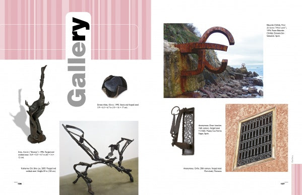 A two-page gallery in "Blacksmithing Techniques" by Schiffer Publishing, Ltd. showcases metalwork projects and installations like abstract figures, a seaside rusted symbol, an ornate wall grate, and a sculpture on a pink striped background.