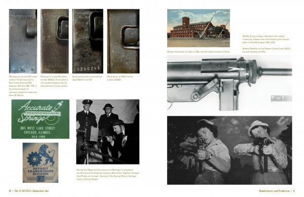 A magazine layout from Schiffer Publishing, Ltd.’s "The US M3/M3A1 Submachine Gun" shows gun parts, M3 Grease Guns, WWII ads, and B&W images of people with submachine guns, with captions noting locations, makers, and years for each firearm.