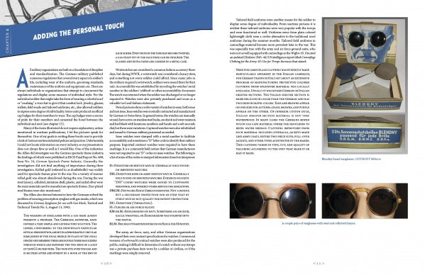Two-page spread from "Ruhetag, The Day to Day Life of the German Soldier in WWII" (Schiffer Publishing, Ltd.) shows an article with black text on white and a boxed vintage round sunglasses display; close-ups appear bottom right.