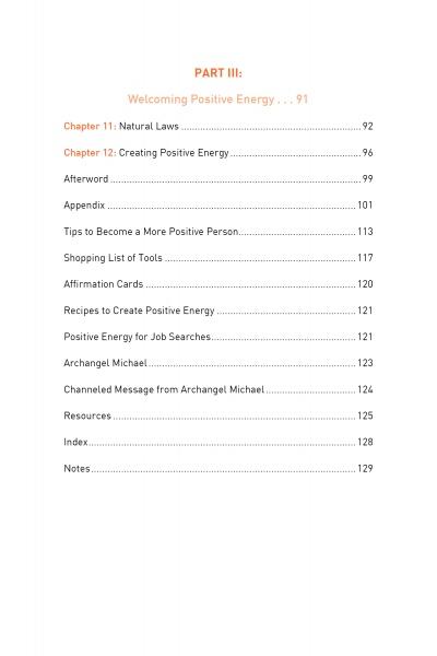 The “PART III: Welcoming Positive Energy” table of contents in Get Positive Live Positive by Schiffer Publishing, Ltd. lists chapters on natural laws, tips, affirmations, recipes, Archangel Michael, metaphysical energy, and notes with page numbers.