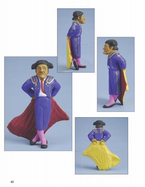 Four views of "Carving a Bull Fighter & the Bull" from Schiffer Publishing, Ltd.—a colorful matador figurine in a purple jacket, pink pants, black hat, and red or yellow cape, inspired by a Mexican bullfight, on a light blue background.