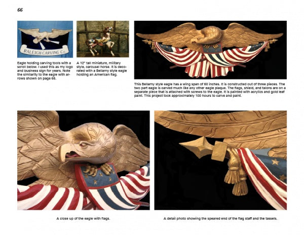 A collage features Bellamy-style eagle carvings from "How to Carve Bellamy Eagles" by Schiffer Publishing, Ltd., with detailed close-ups of the eagle and U.S. flag, plus informative text on woodcarving patterns and project details.