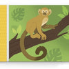 From Schiffer Publishing’s Think Zoo Animals, a cartoon monkey with a long tail sits on a branch. The text asks, “I have a long tail and like to swing from trees. What can I be?” The answer, Monkey, appears on the right.