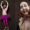 Two photos: Left, a bearded man in a pink tutu and star tights strikes a ballerina pose. Right, he beams, celebrating his beard grooming and pogonotrophy with "Art of the Beard" by Schiffer Publishing, Ltd.