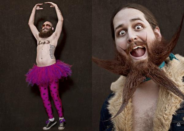 Two photos: Left, a bearded man in a pink tutu and star tights strikes a ballerina pose. Right, he beams, celebrating his beard grooming and pogonotrophy with "Art of the Beard" by Schiffer Publishing, Ltd.