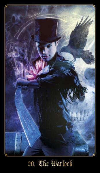 A figure in dark attire and top hat wields a symbol-etched blade, a raven behind, with a glowing red crystal and skull evoking mystique—echoing The Chronicles of Destiny Fortune Cards by Schiffer Publishing, Ltd. Text: “20. The Warlock.”.