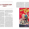 A two-page spread in Schiffer Publishing, Ltd.'s Mine's Bigger Than Yours showcases text on Hollywood Cop—popular among Really Awful Movies podcast fans—paired with a vibrant poster featuring armed figures, explosions, and the tagline The Action Never Stops!.
