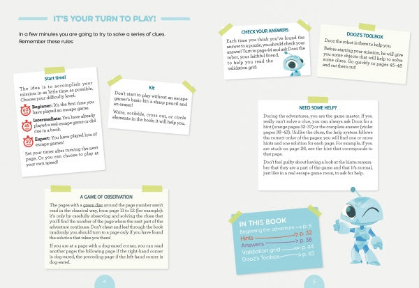 The Escape Game Adventure: The Last Dragon by Schiffer Publishing, Ltd. features blue and green text, tip-filled sticky notes, a blue robot illustration, and sections like “Start Time!”—all designed to boost problem-solving skills.