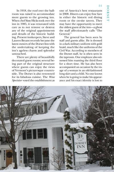 A page from Schiffer Publishing, Ltd.'s Haunted Vermont features text on Dorset Inn’s history and a vertical photo of the snow-covered inn—surrounded by trees and bearing a sign: The Dorset Inn Est. 1796—which is rumored to be haunted.