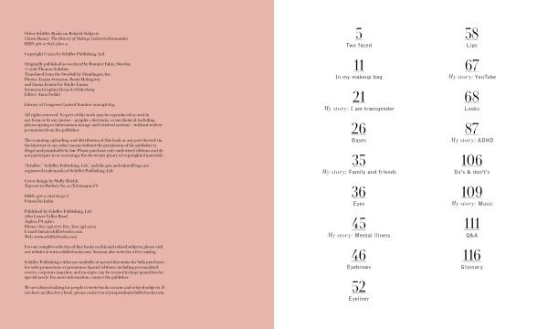The table of contents of *Two Faced* by Schiffer Publishing, Ltd. lists topics like makeup skills, friendships, being transgender, ADHD, mental health, music, Q&A, and a glossary on a white page, next to a plain pink page.