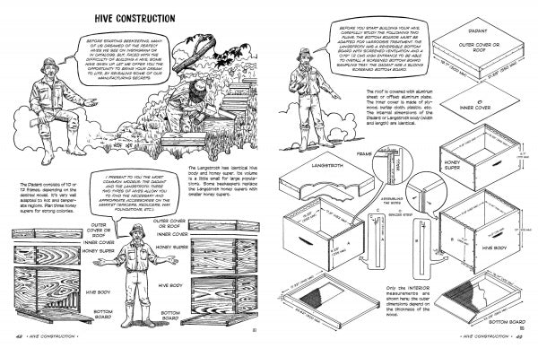 The Graphic Guide to Beekeeping by Schiffer Publishing, Ltd. features two illustrated pages: one shows two people assembling hive boxes; the other displays labeled diagrams, step-by-step assembly, and detailed hive component illustrations.