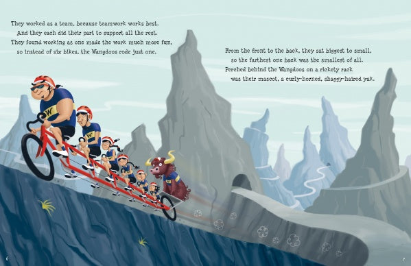 Five cyclists in matching blue and yellow uniforms ride a tandem bicycle with a yak in back—an adventurous scene from "The Cycling Wangdoos," a playful children's book about teamwork from Schiffer Publishing, Ltd.