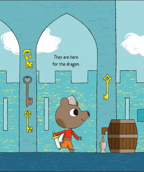 A bear in a red shirt with sword and scroll walks past keys and a barrel in a blue castle hall. Text above: They are here for the dragon—Dragon's Castle by Schiffer Publishing, Ltd., perfect for an adventure kids’ book or play mat.