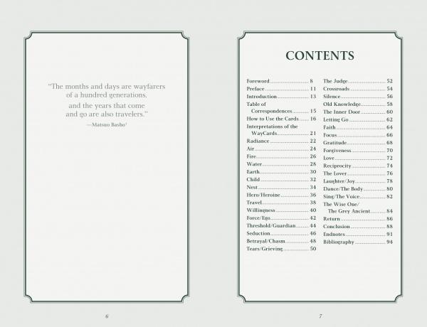 The left page of The WayCard Oracle by Schiffer Publishing, Ltd. displays a Matsuo Bashō quote about time and travelers; the right page is the table of contents with sections like Foreword, Silence, Faith, Love, Taoism, and oracle cards.