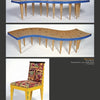 Mind & Hand by Schiffer Publishing, Ltd. features three pieces of contemporary studio furniture: two wavy benches with blue edges and spiral legs, and a yellow zigzag chair—ideal for interior designers seeking handmade style.