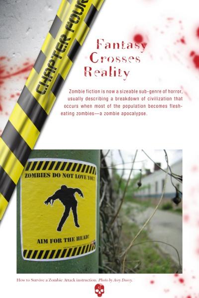 Yellow caution tape reading CRIME SCENE tops a page titled Fantasy Crosses Reality. Below, a zombie silhouette sign warns: ZOMBIES DO NOT LOVE YOU! AIM FOR THE HEAD!—referencing pop culture—from Schiffer Publishing’s Zombie Nation.
