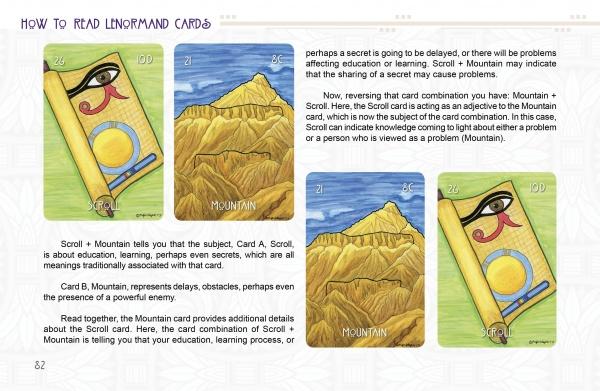 The Egyptian Lenormand by Schiffer Publishing, Ltd. features an illustrated guide on reading cards, showing sample Scroll and Mountain cards with brief meanings on a patterned background inspired by ancient Egyptian gods.