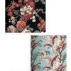 Two square swatches of Schiffer Publishing, Ltd.'s Vintage Textured Barkcloth: one with a black background, red flowers, and green leaves; the other with a light blue background, red birds, and white flowers.