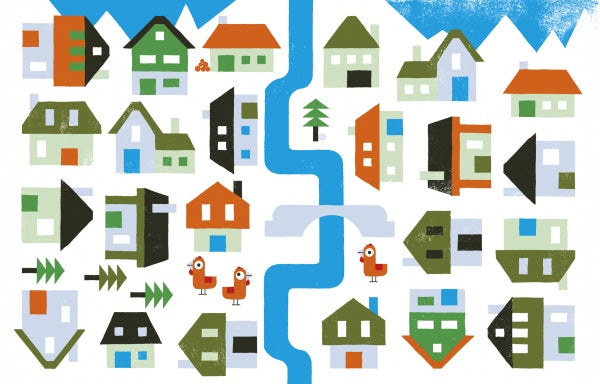 “Where Is My House?” by Schiffer Publishing, Ltd. features a colorful, geometric scene of houses and trees along a blue river with two red birds, a small bridge, and snowcapped mountains—ideal for activity books that build observation and memory skills.
