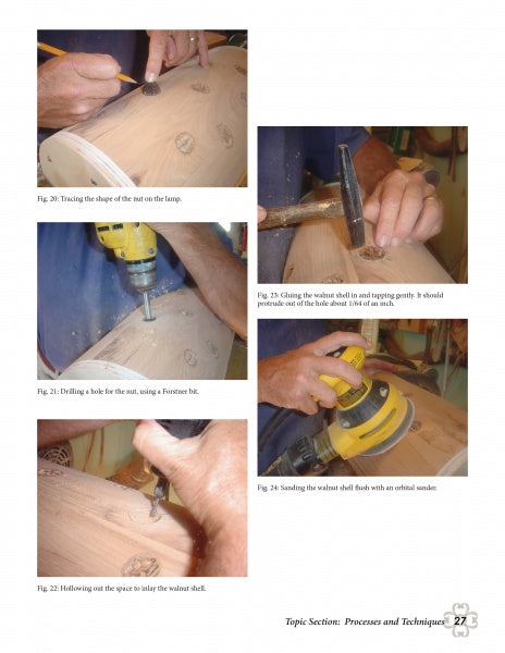 A collage of five steps from "Turning Segmented Lamps" by Schiffer Publishing, Ltd. shows tracing, gluing, drilling, sanding, and hollowing wood—each photo captioned as part of this detailed segmented lamp-making guide.