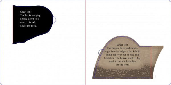 Left: A bat-shaped page says "Great job!" showing a bat hanging in a cozy cave. Right: A beaver-shaped page shares how the beaver builds its lodge. Discover forest animals in "Who Is Hiding in the Forest?" by Schiffer Publishing, Ltd.—a delightful lift-the-flap board book!.