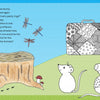 Two mice by a tree stump with mushrooms admire an animal-patterned suitcase, while four dragonflies flutter above under a blue sky. Left-aligned text and green hills complete this delightful Zendoodle for Children scene by Schiffer Publishing, Ltd.