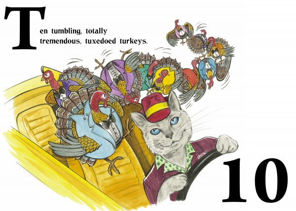 Willie the Taxi Cat by Schiffer Publishing, Ltd. features Willie in a red cap driving a yellow car as ten tuxedoed turkeys tumble out. The text reads, "Ten tumbling, totally tremendous, tuxedoed turkeys," with the number 10 in the corner.