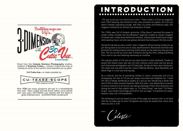 Celeste Giuliano's Pin-ups in 3-D by Schiffer Publishing, Ltd. debuts 3D Catie-Vue images with Cutie-Scope glasses: the left page pops with retro black and red text and a playful cartoon pin-up, while the right offers an Introduction in a black box.