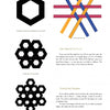 A page from Hex Weave & Mad Weave by Schiffer Publishing, Ltd. features hexagon-based patterns, a colored hex weave diagram, floral hex shapes, transition shapes, and text explaining triaxial weaving techniques alongside each illustration.