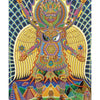 Positive Creations by Schiffer Publishing, Ltd. showcases a psychedelic scene: a winged, multi-armed deity with intricate patterns and vivid colors stands on a green figure, set against pyramids and dreamy landscapes with geometric shapes.