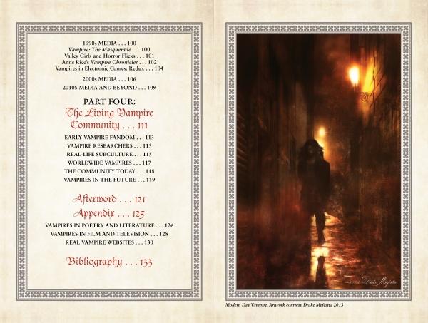 Two pages from Vampire Evolution by Schiffer Publishing, Ltd.: the left lists chapters and pages on vampire folklore; the right depicts a shadowy figure in a misty, dimly lit alley at night beneath a glowing streetlamp.