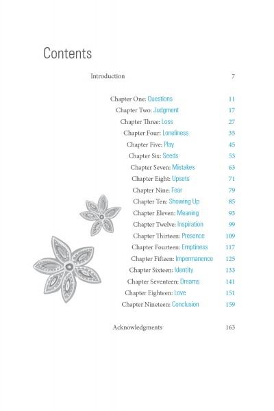 The Muse in You by Schiffer Publishing, Ltd. features a table of contents listing chapters 1–18 with thoughtful titles. Blue page numbers and gray flower illustrations create a calming, inviting creativity guidebook for navigating life transitions.
