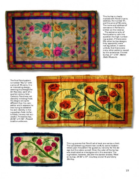 Three vibrant rugs with bold roses and green leaves are displayed, highlighting Maine rug hooking tradition. "Rug Hooking In Maine" by Schiffer Publishing, Ltd. features text and captions around the images, showcasing American decorative arts.