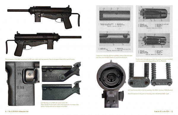 Two pages from Schiffer Publishing Ltd.'s "The US M3/M3A1 Submachine Gun" show side views, mechanical parts, internal mechanisms, and disassembled components of the WWII submachine gun, with photos, diagrams, and captions.