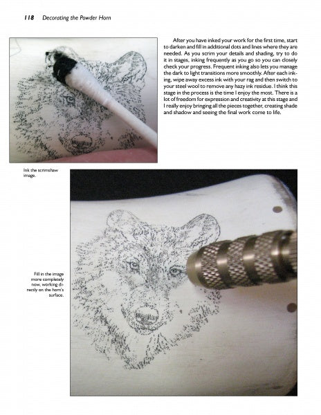 A close-up of Schiffer Publishing, Ltd.'s Powder Horns shows scrimshaw wolf face decoration. One image depicts ink application with a cotton swab; another shows stippling tool work. Text instructions accompany both images.