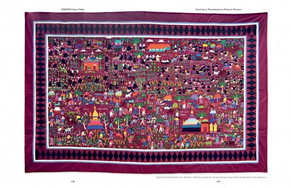 Hmong Story Cloths by Schiffer Publishing, Ltd. is a vibrant textile artwork featuring intricate, colorful scenes of people, animals, and buildings with a maroon and black diamond border on a maroon background.