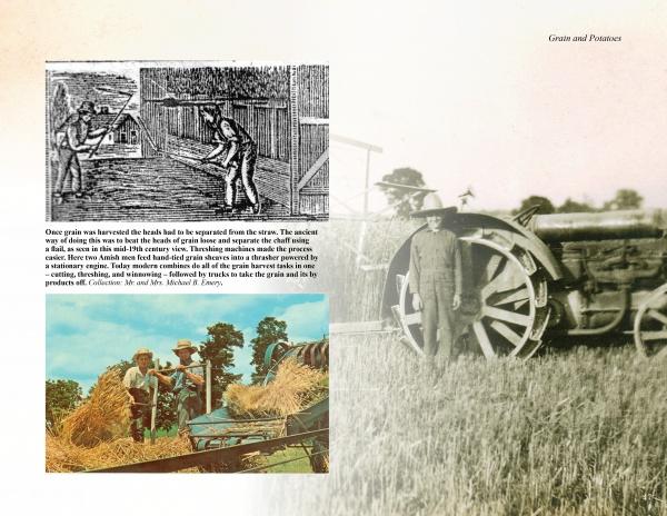A collage for "Yesterday's Farm Tools & Equipment" by Schiffer Publishing, Ltd.: a vintage sketch of workers threshing grain, a sepia tractor scene, and a color photo of farmers loading hay onto a wagon.