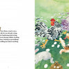 A watercolor scene from Mosey's Field by Schiffer Publishing, Ltd. shows a dog chasing chickens across the countryside, joined by another dog and a groundhog. The left page has a short text—ideal for children’s books set in Mosey's Field.