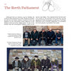 A page from Hooked Rug Storytelling by Schiffer Publishing, Ltd. shows text about The Reeth Parliament, a boot drawing, a photo of six men on a bench, and a hooked rug using traditional techniques to depict the group by a stone wall.