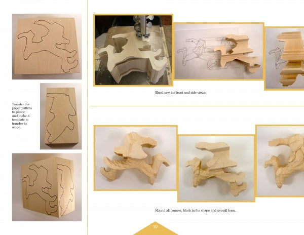 Step-by-step images in Caricatures in Motion by Schiffer Publishing, Ltd. guide you through cutting, carving, assembling, and shaping a wooden horse puzzle, from transferring patterns to the final puzzle.