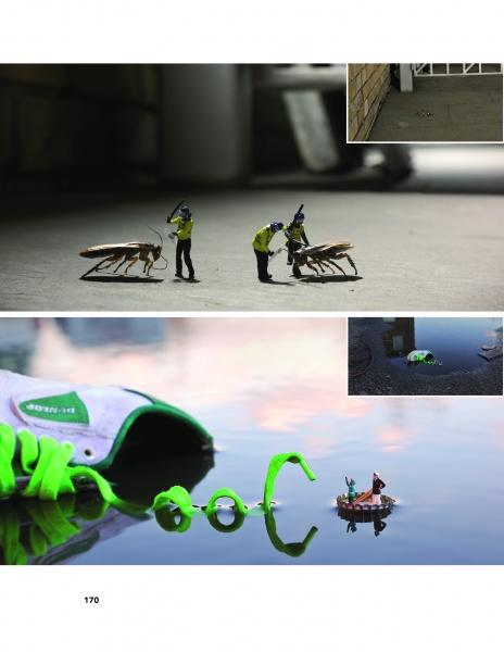 ARTtitude by Schiffer Publishing, Ltd. features a collage of miniature workers with giant insects, a shoe with green laces in water, and small figures rafting beside it—an imaginative, surreal scene inspired by contemporary graphic arts.