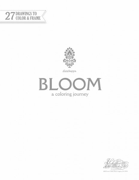 The cover of Bloom by Schiffer Publishing, Ltd. features a floral graphic and decorative script with the text "27 Drawings to Color & Frame." This coloring book offers nature-inspired illustrations on a white background with gray text.